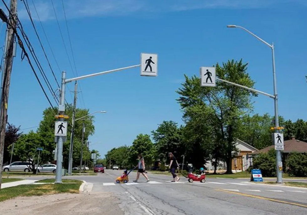 A photo capturing clear signage indicating a pedestrian crosswalk.